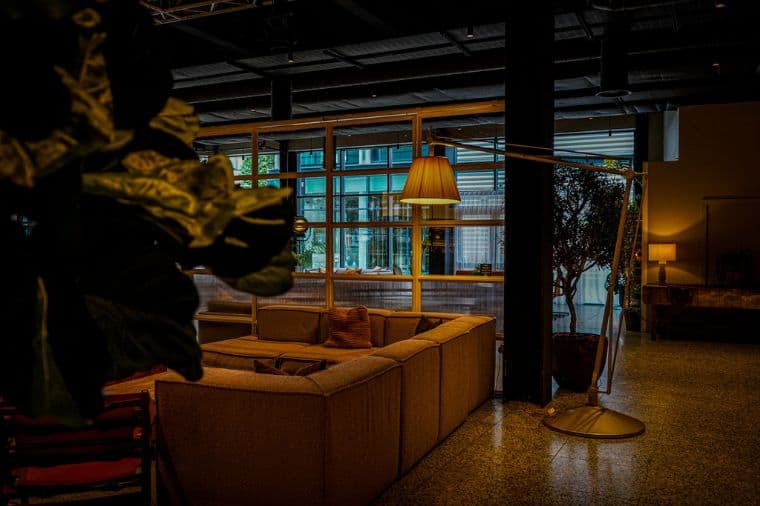 Cosy seating area at Fearns Leeds Dock featuring a large beige sectional sofa with orange throw pillows, surrounded by indoor plants. A warm pendant light hangs above, and large windows in the background allow natural light to filter into the modern, open space.