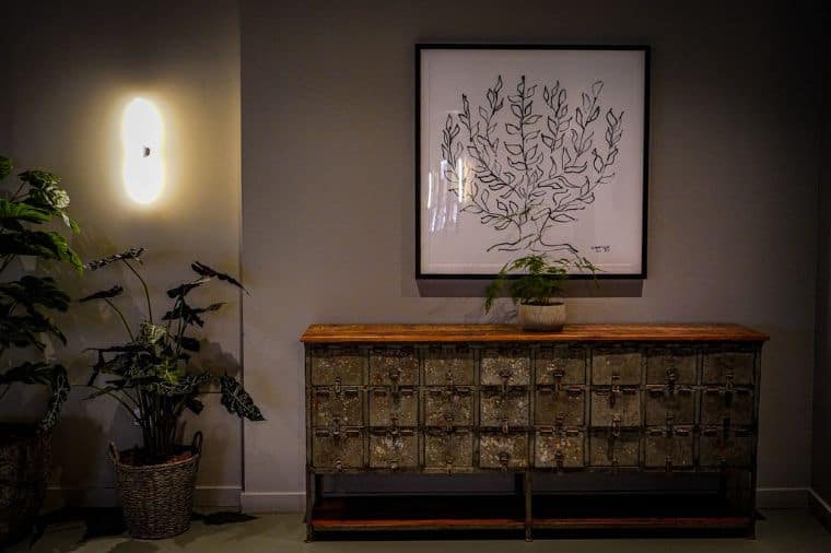 Minimalist decor featuring a rustic metal console table with a potted plant on top, placed against a grey wall. Above the table hangs a framed black-and-white line drawing of a plant, and a wall sconce softly illuminates the corner, flanked by additional potted greenery.