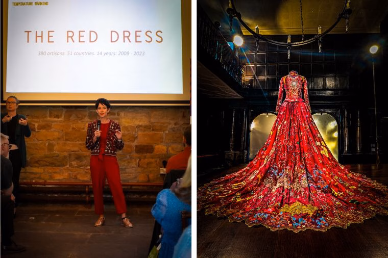 Artist Kirstie Macleod introduces The Red Dress Project during a presentation at Oakwell Hall, with a slide showing its global impact—380 artisans from 51 countries over 14 years. Right: Rear view of The Red Dress glowing under soft lighting, capturing the intricate embroidery celebrated in this Red Dress Exhibition Review and The Red Dress Project Review.