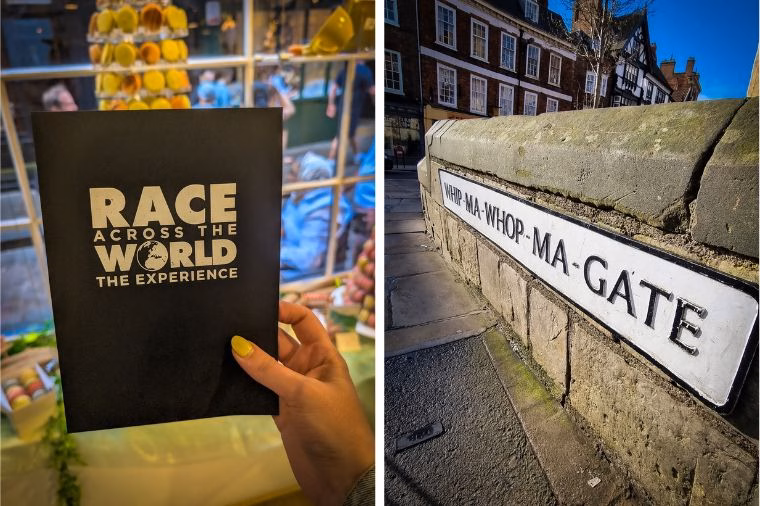 Two photos from Race Across the World: The Experience in York: a hand holding the game’s black clue envelope, and the distinctive Whip-Ma-Whop-Ma-Gate street sign in the city centre.