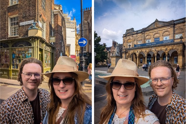 Two side-by-side selfies of a couple exploring York while playing Race Across the World: The Experience, posing together among the city’s historic streets and buildings.